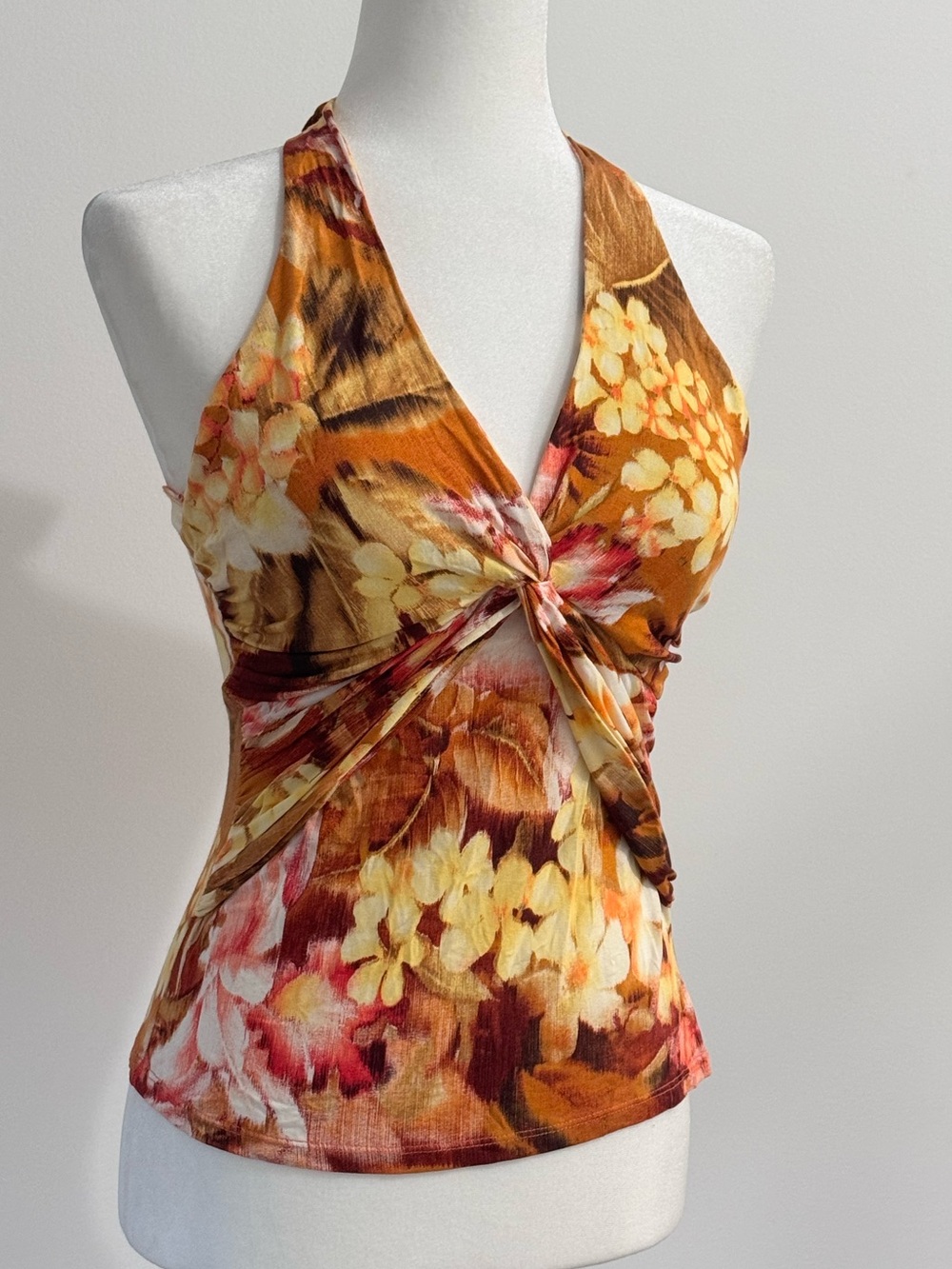 Vintage Cache Y2K Tropical Floral Twist Front Halter Top Size M